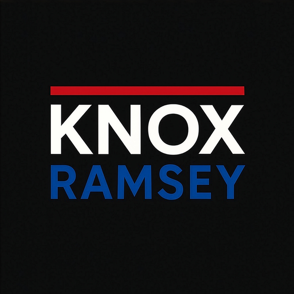 Knox Ramsey logo with red and blue accents on a black background